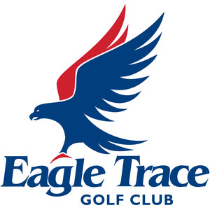 Eagle Trace Golf Club logo: A navy eagle swooping with wings swept sharply upward, a red wing silhouette showing behind the upper wing; 'Eagle Trace' in navy italic serif below with 'GOLF CLUB' in small caps. Navy and red on transparent, near-square, no shield or circle.