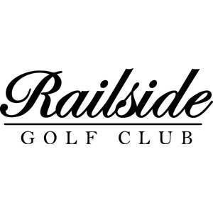 Railside Golf Club logo: All-black text wordmark, no emblem: 'Railside' in large ornate calligraphic script above a thin horizontal rule, with 'GOLF CLUB' in widely letterspaced serif caps beneath. Pure black on transparent.