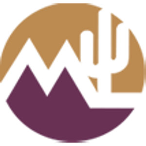 McCormick Ranch Golf Club logo: A circular badge: golden-tan desert sky with a tan saguaro cactus standing at the right, a white zigzag ridge line cutting across the middle, and a plum-purple mountain filling the foreground. Two colours, gold and plum, no text.
