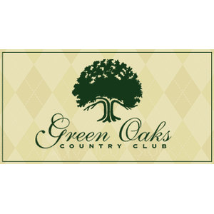 Green Oaks Country Club logo: a dark green spreading oak above 'Green Oaks' in flowing script and 'COUNTRY CLUB' in spaced serif caps, on a cream rectangle patterned with faint argyle diamonds and a thin green border