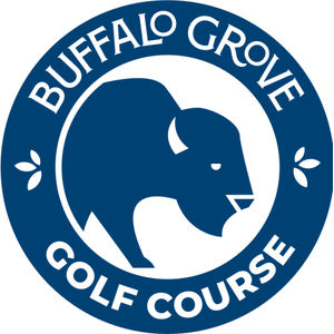 Buffalo Grove Golf Club logo: a navy roundel with a solid navy bison facing right inside a white disc, 'BUFFALO GROVE' arched above and 'GOLF COURSE' below in white caps, small white leaf sprigs at each side, navy and white only