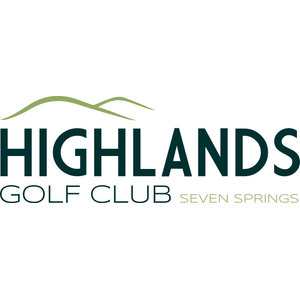 Highlands Golf Club at Seven Springs logo: two overlapping sage-green brushstroke ridgelines above 'HIGHLANDS' in heavy dark-green condensed caps, with 'GOLF CLUB' in outlined caps and 'SEVEN SPRINGS' in sage caps on the bottom line, sage green and dark forest green