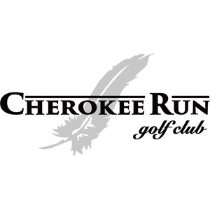 Cherokee Run Golf Club logo: a large light-grey feather standing diagonally behind 'CHEROKEE RUN' in bold black serif small caps under a rule, with 'golf club' in black italic script at lower right, black and grey on transparent