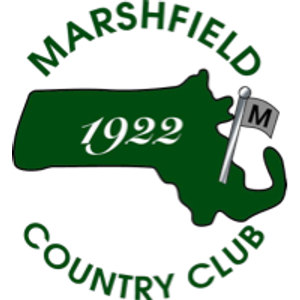 Marshfield Country Club logo: a dark green silhouette of Massachusetts with '1922' in white script across it and a white flagstick flying an 'M' pennant rising from the Cape Cod hook, 'MARSHFIELD' arched above and 'COUNTRY CLUB' below in green serif caps, single forest green