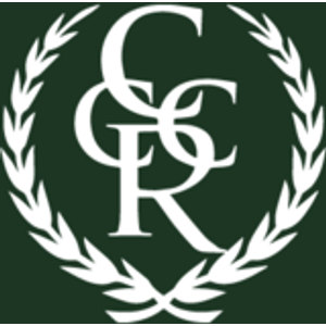 Cedar Ridge Country Club logo: An interlocking white 'CCR' monogram inside an open laurel wreath of two leafy branches crossed at the stems, all white on a solid dark forest-green square. White and forest green only.