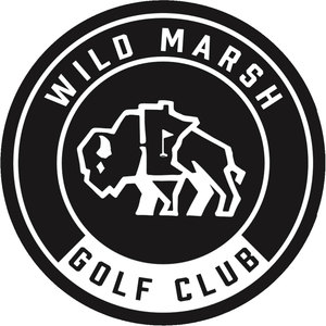 Wild Marsh Golf Club logo: A circular black-and-white crest: outer black ring with 'WILD MARSH' arcing over the top and 'GOLF CLUB' along the bottom in white capitals; the black centre disc holds a white-outlined bison walking left with a golf flagstick and flag rising behind its shoulder. Black and white only.