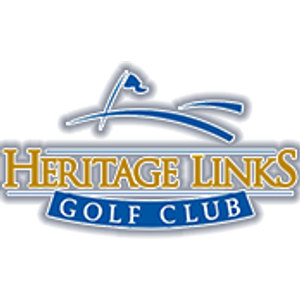 Heritage Links Golf Club logo: A leaning navy flagstick with pennant flag, crossed by two sweeping navy swoosh arcs suggesting a links horizon, above 'HERITAGE LINKS' in gold serif capitals outlined in navy; beneath, a curved navy banner reads 'GOLF CLUB' in white capitals with a gold edge. Gold, navy, white.