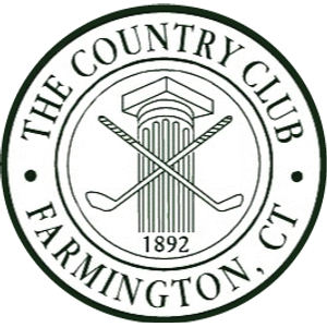 Country Club Of Farmington logo: A hunter-green line-drawn circular seal: double outer ring with 'THE COUNTRY CLUB' arcing over the top and 'FARMINGTON, CT' along the bottom separated by dots; inside, a fluted classical column on a plinth with two golf clubs crossed behind it and '1892' beneath. Monochrome green.