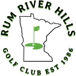 Rum River Hills Golf Club logo: Circular badge: outline map of Minnesota with a green putting green, flagstick and flag inside; 'RUM RIVER HILLS' arcs above and 'GOLF CLUB EST 1986' below in black block capitals with green drop shadows; black, kelly green, white.