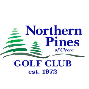 Northern Pines Golf Club logo: Two layered green pine trees (large left, small right) on a sweeping horizon stroke, with 'Northern Pines' in navy serif and italic 'of Cicero' beside them; 'GOLF CLUB' and 'est. 1972' in navy below; navy blue and greens on white.