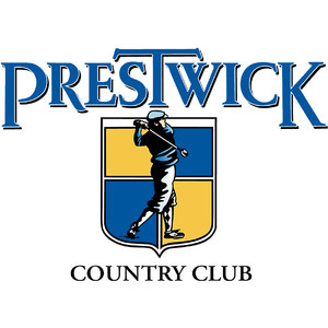 Prestwick Country Club logo: Blue serif 'PRESTWICK' over a pointed heraldic shield quartered in gold and royal blue; a golfer in a flat cap, blue sweater, white plus-fours and argyle socks finishes his swing in front of the shield; 'COUNTRY CLUB' in black serif below; royal blue, gold, black, white.