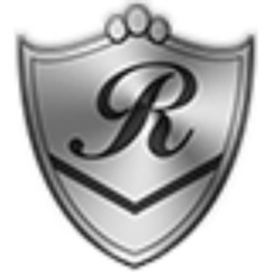 Rocky Ridge Golf Club logo: A metallic silver shield with beveled chrome border and a black chevron across its lower third, a large black script capital R in the center, and three small golf balls in a row along the top edge; silver, grey and black only.