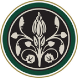 Magnolia Green Golf Club logo: A cream magnolia blossom, one upright central bud with symmetrical pairs of smaller buds and scrolling leaves either side, on a black disc ringed by dark green with a thin gold outer rim; circular badge, no lettering.