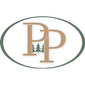 Pembroke Pines Country Club logo: Two large overlapping tan serif capital P monograms with three dark green pine trees standing between their stems, all inside a thin dark green oval outline on white; no lettering.