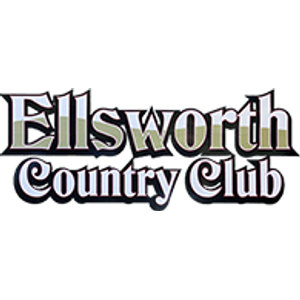Ellsworth Country Club logo: A two-line blackletter wordmark reading Ellsworth over Country Club, the letters white with olive-khaki shading through their lower halves, finished with heavy black outlines and a black drop shadow; no enclosing shape.