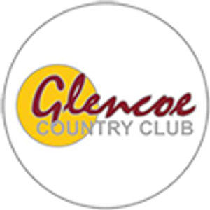 Glencoe Country Club logo: A dark maroon handwritten script Glencoe running across a golden-yellow disc, with COUNTRY CLUB in grey block capitals beneath it, the whole mark sitting inside a thin light grey circle on white.