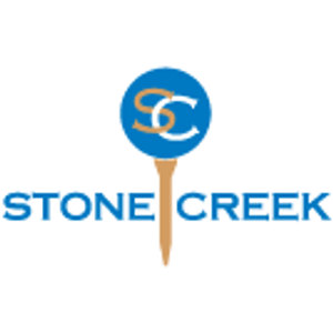 Stone Creek Golf Club logo: A mid-blue disc carrying an interlocking SC monogram, the S in tan-gold and the C in white, perched on a tan golf tee, with STONE CREEK in blue block capitals split either side of the tee stem.