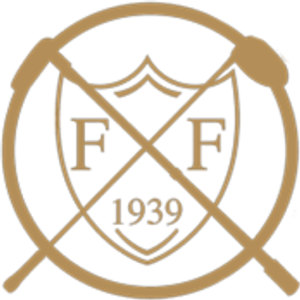 Fenton Farms Golf Club logo: Two crossed wooden golf clubs laid over a shield lettered F and F either side of the crossing point with 1939 below, all in tan-gold line art with no fill, enclosed in a thin gold circle.