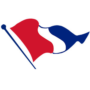 Skaneateles Country Club logo: A rippling swallowtail burgee flying from a slender navy pole, the flag divided into a crimson-red front half and a navy-blue swallowtail half separated by a curving white band, on white with no lettering and no year.