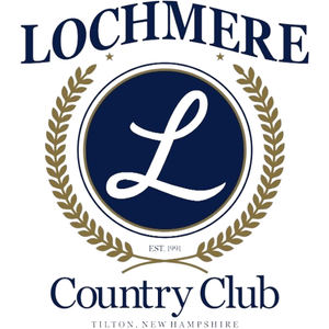 Lochmere Golf & Country Club logo: A navy-blue disc ringed in gold bearing a large white calligraphic script letter L, cradled by a gold laurel wreath, with 'LOCHMERE' arched above in navy serif capitals between two small stars, 'EST. 1991' in navy between the laurel tips below the disc, 'Country Club' in navy serif under that, and 'TILTON, NEW HAMPSHIRE' in small grey-navy letterspaced capitals at the foot.