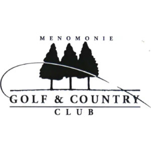 Menomonie Country Club logo: Three black silhouetted spruce evergreens standing on a groundline, crossed by a thin swooping arc, with MENOMONIE in letterspaced black serif capitals above and GOLF & COUNTRY CLUB set between two rule lines below, black on white with no enclosing shape.
