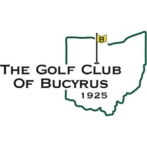 The Golf Club of Bucyrus logo: A dark-green outline map of the state of Ohio with a black flagstick flying a yellow pennant lettered B planted in its centre, THE GOLF CLUB OF BUCYRUS in black serif capitals across the left, and the year 1925 beneath, on transparency with no enclosing frame.