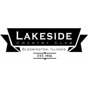 Lakeside Country Club logo: A solid black swallowtail banner scroll carrying LAKESIDE in large white serif capitals over COUNTRY CLUB letterspaced beneath it, with a black arc below reading BLOOMINGTON, ILLINOIS and EST. 1916, black and white only with no outer border.