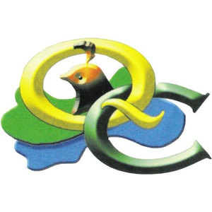 Quail Creek Golf Club logo: A bobwhite quail head in black, orange and white with its topknot plume curling upward, framed by a yellow ring and a dark-green hooked stroke that together read as a QC monogram, set over a green landmass and a blue creek shape, airbrushed with no lettering and no outer border.