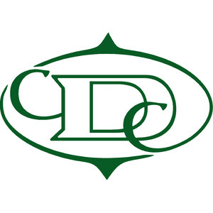 Country Club of Decatur logo: An interlocking CDC monogram drawn in dark forest-green outline, the three letters woven together and framed by a pointed-tipped oval -- a vesica with sharp points at top and bottom -- green on white with no other imagery.