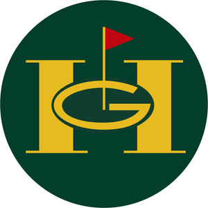 Glastonbury Hills Country Club logo: A gold serif letter H overlaid by a gold oval enclosing a gold letter G, with a red triangular pennant flying from a thin gold flagstick that rises through the centre, all on a solid dark forest-green circle; dark green, gold and red.
