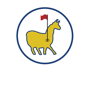 Talamore Golf Club logo: A golden-yellow llama in profile facing right, outlined in navy, standing behind a black flagstick that flies a red pennant and ends in a small cup at its base, all inside a thin navy ring on white; gold, navy and red in a circular badge.