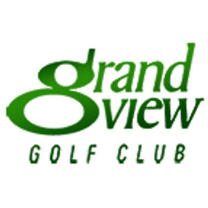 Grand View Golf Club logo: A wordmark in bold forest-green italic script reading "grand" over "view", the descending loop of the g forming a large open circle at the left, above widely spaced thin dark-green sans-serif capitals reading "GOLF CLUB", on white with no border or enclosing shape.