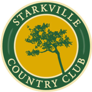 Starkville Country Club logo: A single broad-canopied deciduous tree in dark green, drawn with fine branching and a leaning trunk, centred on a golden-yellow disc, ringed by a dark-green circular band carrying arched cream capitals reading "STARKVILLE" above and "COUNTRY CLUB" below, the whole mark a circle finished with a pale cream outer rim. No year.