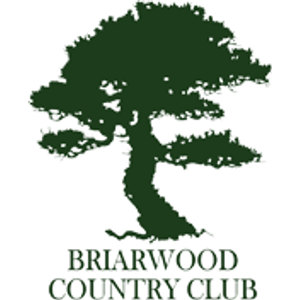 Briarwood Country Club logo: A dense broad-crowned deciduous tree in solid dark green with a short forked trunk and a low side branch, above two lines of dark-green serif capitals reading "BRIARWOOD" and "COUNTRY CLUB", on white with no enclosing border and no year.