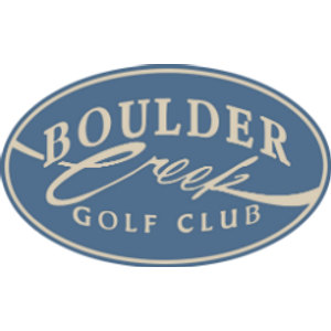 Boulder Creek Golf Club logo: A solid slate-blue horizontal oval outlined by a thin cream ring, filled with cream lettering: "BOULDER" in arched serif capitals, "Creek" in large flowing script with a long trailing flourish that sweeps under the word, and "GOLF CLUB" in small spaced capitals below. No year.