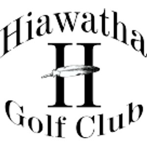 Hiawatha Golf Club logo: A tall black serif letter "H" with a single white outlined feather laid horizontally across it, quill pointing left, framed by arched black serif lettering reading "Hiawatha" above and "Golf Club" below whose curves imply an oval. Black and white only, no year.