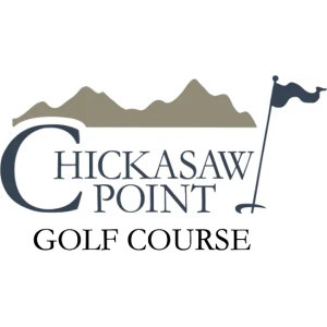 Chickasaw Point Golf Club logo: A khaki-tan mountain ridgeline with three peaks, beneath it navy serif capitals reading "CHICKASAW POINT" led by an oversized drop-cap C, black serif capitals reading "GOLF COURSE" below, and a navy golf flagstick with a rippling pennant standing at the right beside a small hole. No enclosing shape and no year.