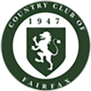 Country Club Of Fairfax logo: A dark green circular badge with COUNTRY CLUB OF curving over the top of its ring and FAIRFAX along the bottom in white capitals; the white centre holds the year 1947 in green serif numerals above a dark green heraldic shield bearing a white rampant lion.