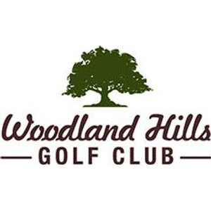 Woodland Hills Golf Club logo: A dark olive-green oak tree with a wide spreading canopy above the name Woodland Hills in dark maroon script, with GOLF CLUB in maroon capitals flanked left and right by thin horizontal rules, on a white background.