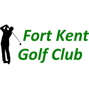 Fort Kent Golf Club logo: A black silhouette of a male golfer at the top of his follow-through with the club wrapped behind his head, beside the words Fort Kent Golf Club set on two lines in bright green bold italic sans-serif, on transparency with no enclosing shape.