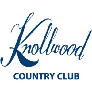 Knollwood Country Club logo: The word Knollwood in navy calligraphic script with a long swash sweeping under the K, above COUNTRY CLUB in spaced navy sans-serif capitals, on white with no enclosing frame.