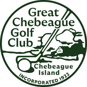 Great Chebeague Golf Club logo: A dark green circular seal on white showing a wooded island shoreline with a small white gabled cottage, a long iron laid diagonally across the scene with a golf ball at its head, the words Great Chebeague Golf Club stacked in serif at the upper left, Chebeague Island below and INCORPORATED 1922 curving along the bottom rim.
