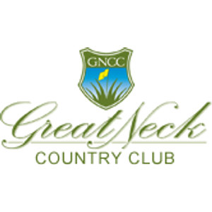 Great Neck Country Club logo: A green-bordered shield with 'GNCC' in cream capitals on a green band at top, a yellow flag floating against a blue sky over green grass blades, set above 'Great Neck' in pale green script with 'COUNTRY CLUB' in small green capitals beneath.