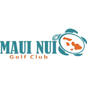 Maui Nui Golf Club logo: 'MAUI NUI' in teal serif capitals with 'Golf Club' in letter-spaced orange serif type below, beside a teal sea turtle seen from above whose white shell holds four orange silhouettes of the Maui Nui islands.