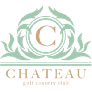 Chateau Golf & Country Club logo: Pale sage-green foliage scrollwork forming a symmetrical crest around a double-ruled circle holding a gold serif letter C, above a double horizontal rule; below, 'CHATEAU' in spaced gold serif capitals with 'golf country club' in small gold lowercase letters. Sage green and gold on white.
