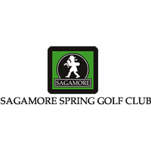 Sagamore Spring Golf Club logo: A black rounded square framing a bright green panel with a central black oval outlined in white: inside, a white silhouette of a striding long-haired figure carrying golf clubs, above a white plaque bordered in black reading 'SAGAMORE' in black capitals; 'SAGAMORE SPRING GOLF CLUB' in black serif capitals runs below on white. Green, black, and white.