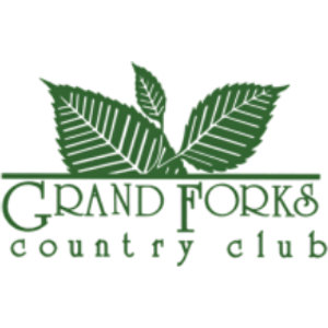Grand Forks Country Club logo: Three green serrated leaves with white vein lines above a thin horizontal rule, over 'GRAND FORKS' in green serif capitals and 'country club' in letterspaced green lowercase; green and white only.