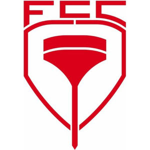 Friend Country Club logo: A red shield whose top edge is formed by the angular block letters FCC, enclosing a large red golf tee pointing downward with a wide flared cup and long tapering stem; red on white.