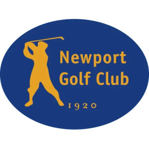 Newport Golf Club logo: A navy blue oval containing a gold silhouette of a golfer mid-swing with the club raised horizontally behind the head, beside 'Newport Golf Club' in gold sans-serif and the year 1920 in letterspaced gold numerals below; navy and gold.