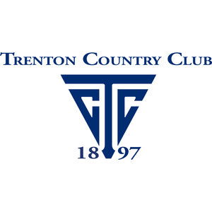 Trenton Country Club logo: 'TRENTON COUNTRY CLUB' in navy serif capitals above a navy inverted-triangle monogram: a bold letter T whose stem ends in a downward arrow point, a letter C nested on each side, and the year numerals 18 and 97 flanking the stem at the bottom; navy on transparent.